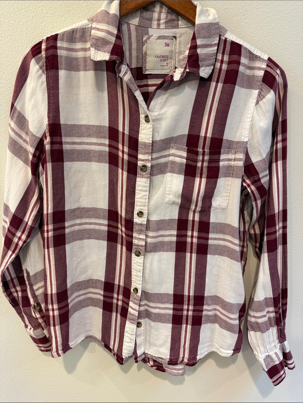 Favorite Shirt Women's White and Burgundy Plaid Button-Down Shirt